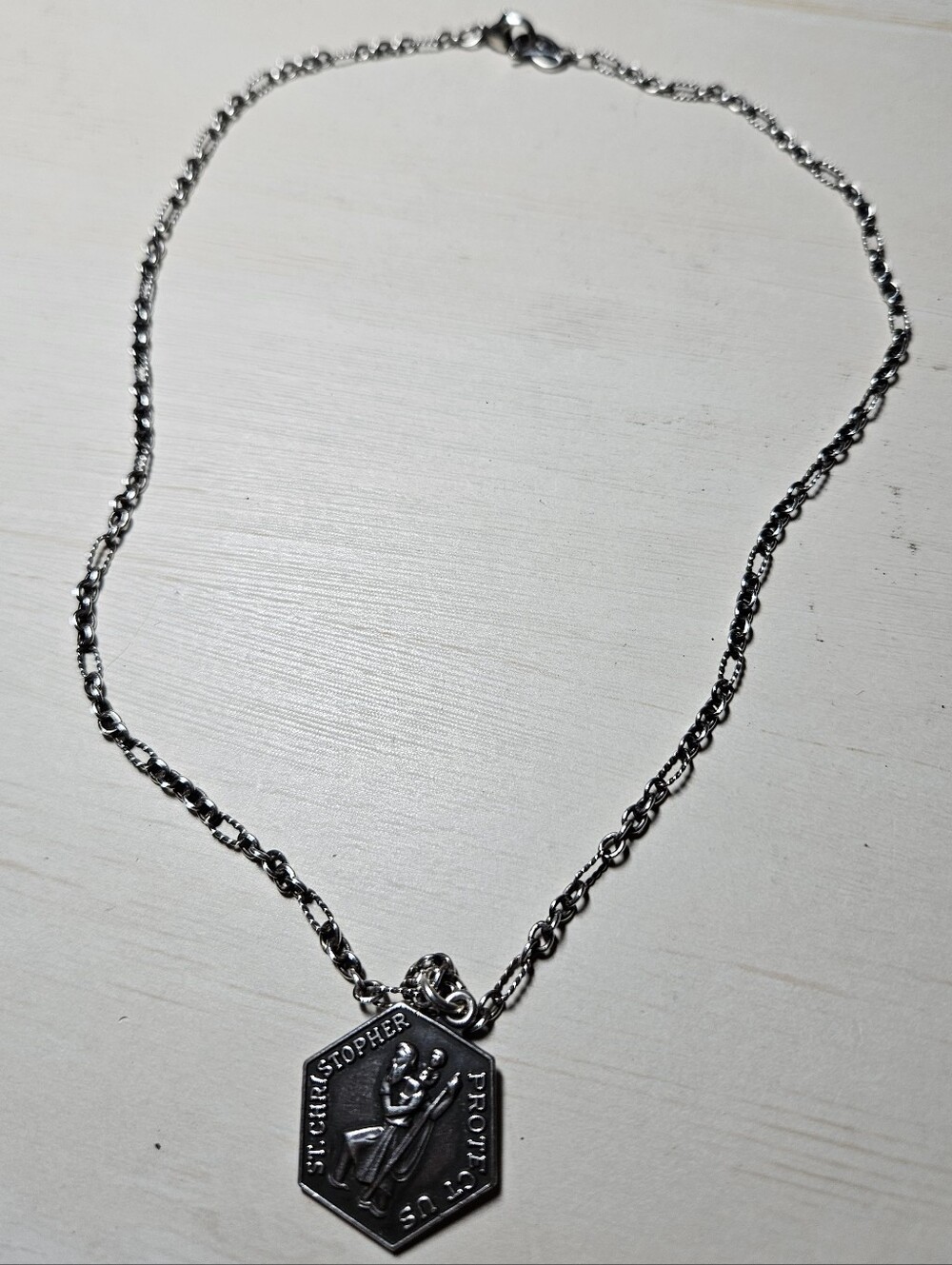 Vintage JCC Sterling Silver St Christopher Hexagon Pendant/Figaro Chain Necklace